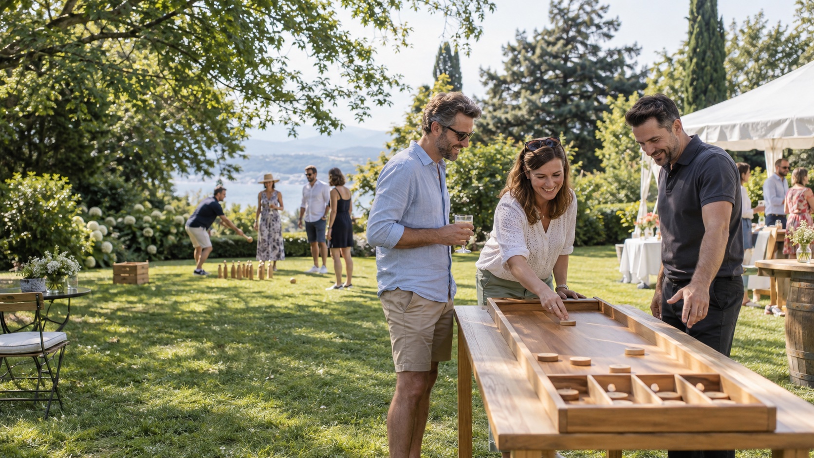 Illustration d’une équipe accompagnant des invités autour de jeux en bois lors d’un événement en plein air