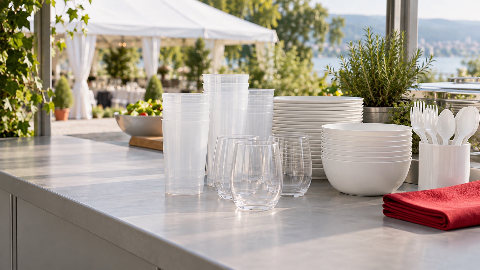 Illustration de gobelets, verres, assiettes et couverts réutilisables sur un comptoir de réception