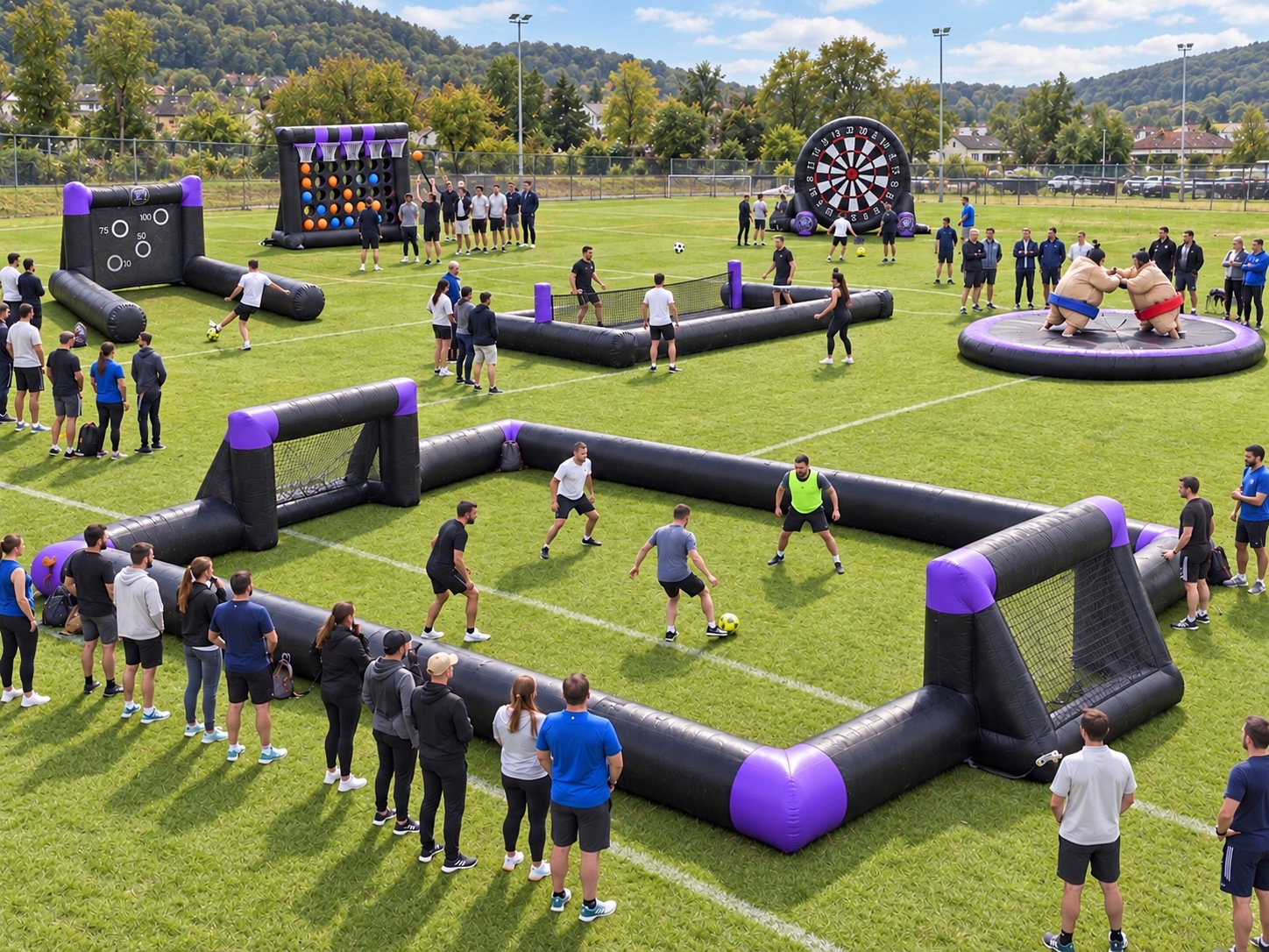 Illustration de joutes sportives en équipe : arène de foot, tir au but, foot-tennis gonflable, sumo, basket puissance 4 et fléchettes géantes
