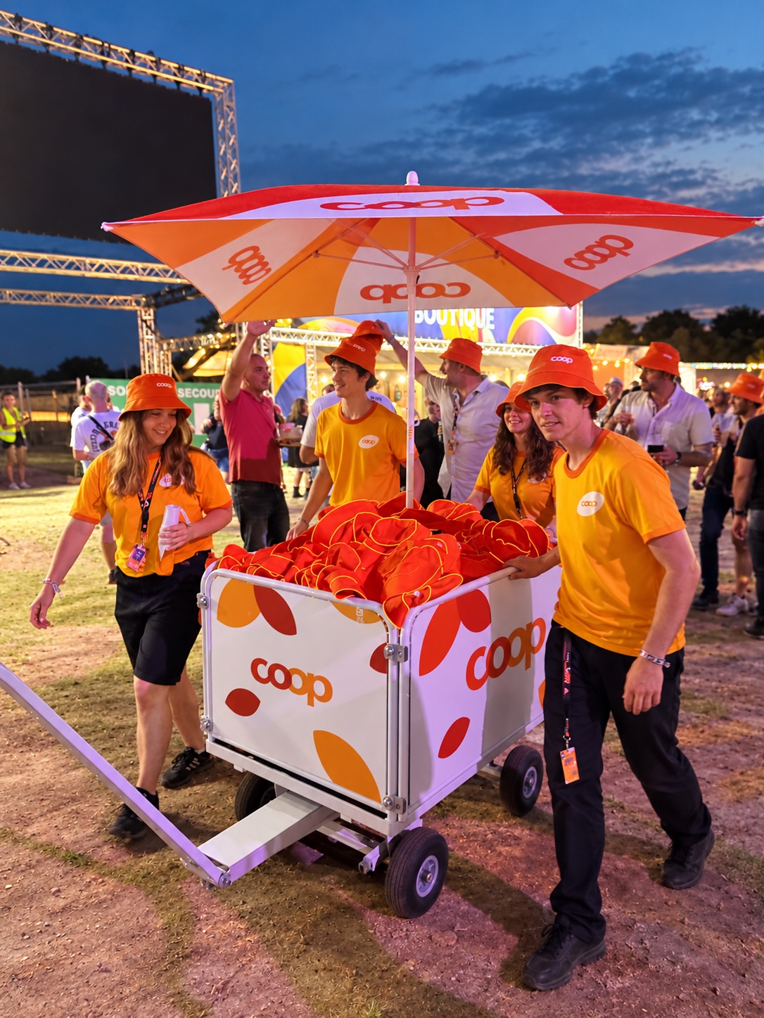 Équipe d’animation autour d’un chariot promotionnel Coop lors d’un événement