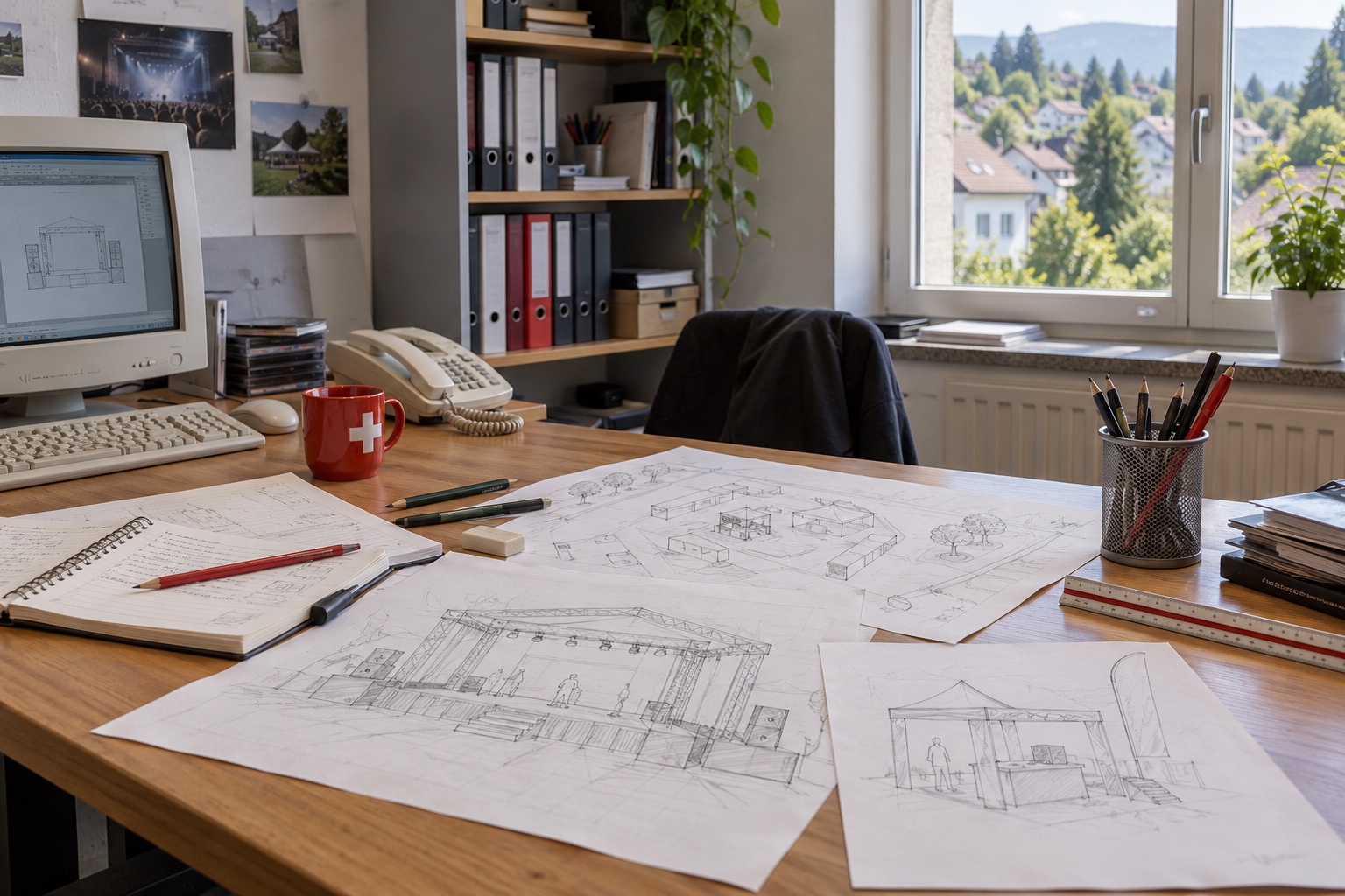 Illustration des débuts en 2001 : un bureau de création avec des croquis d’événements