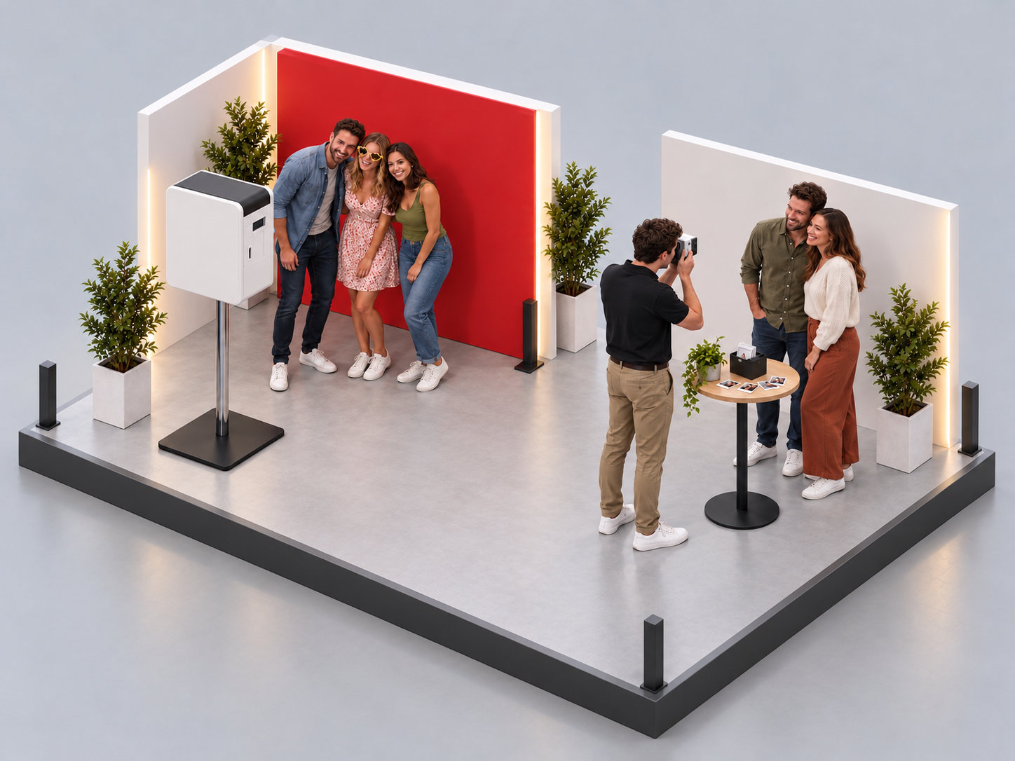 Vue isométrique d’un espace borne photo et de prises de vue accompagnées avec appareil instantané