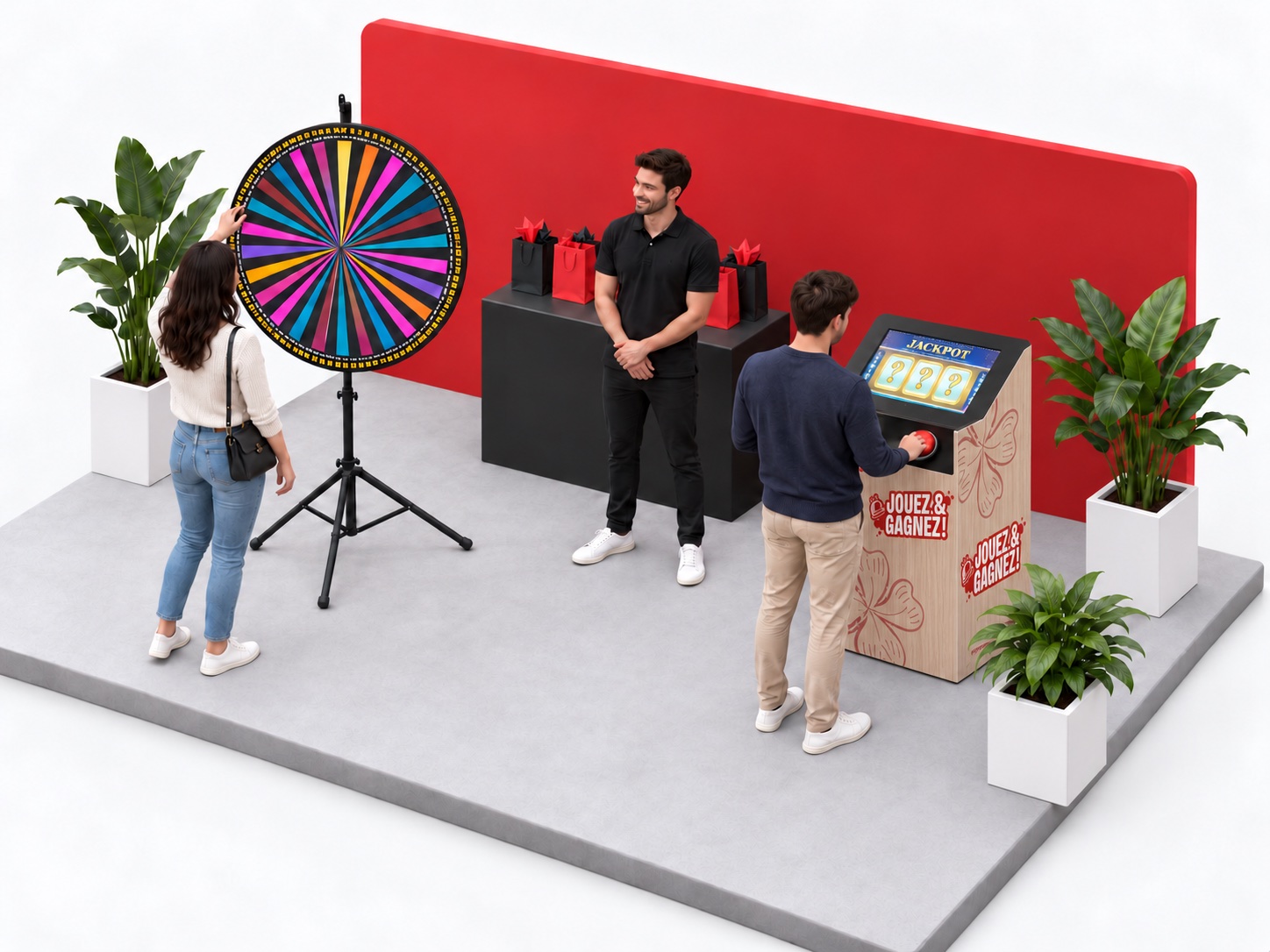 Vue isométrique d’un stand avec roue de la chance, slot machine et comptoir de cadeaux