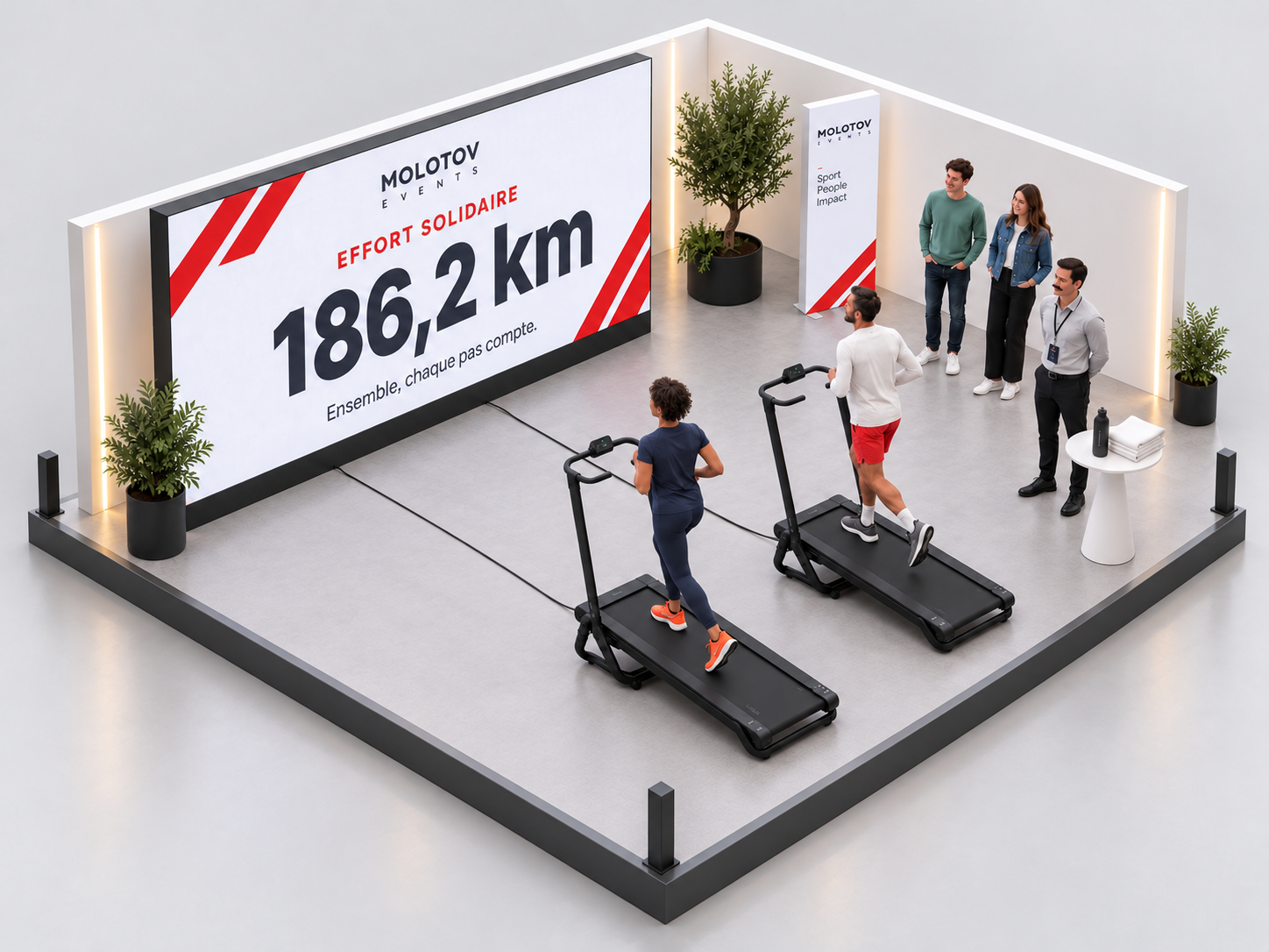 Vue isométrique de deux tapis de course raccordés à un mur LED avec un compteur collectif de kilomètres