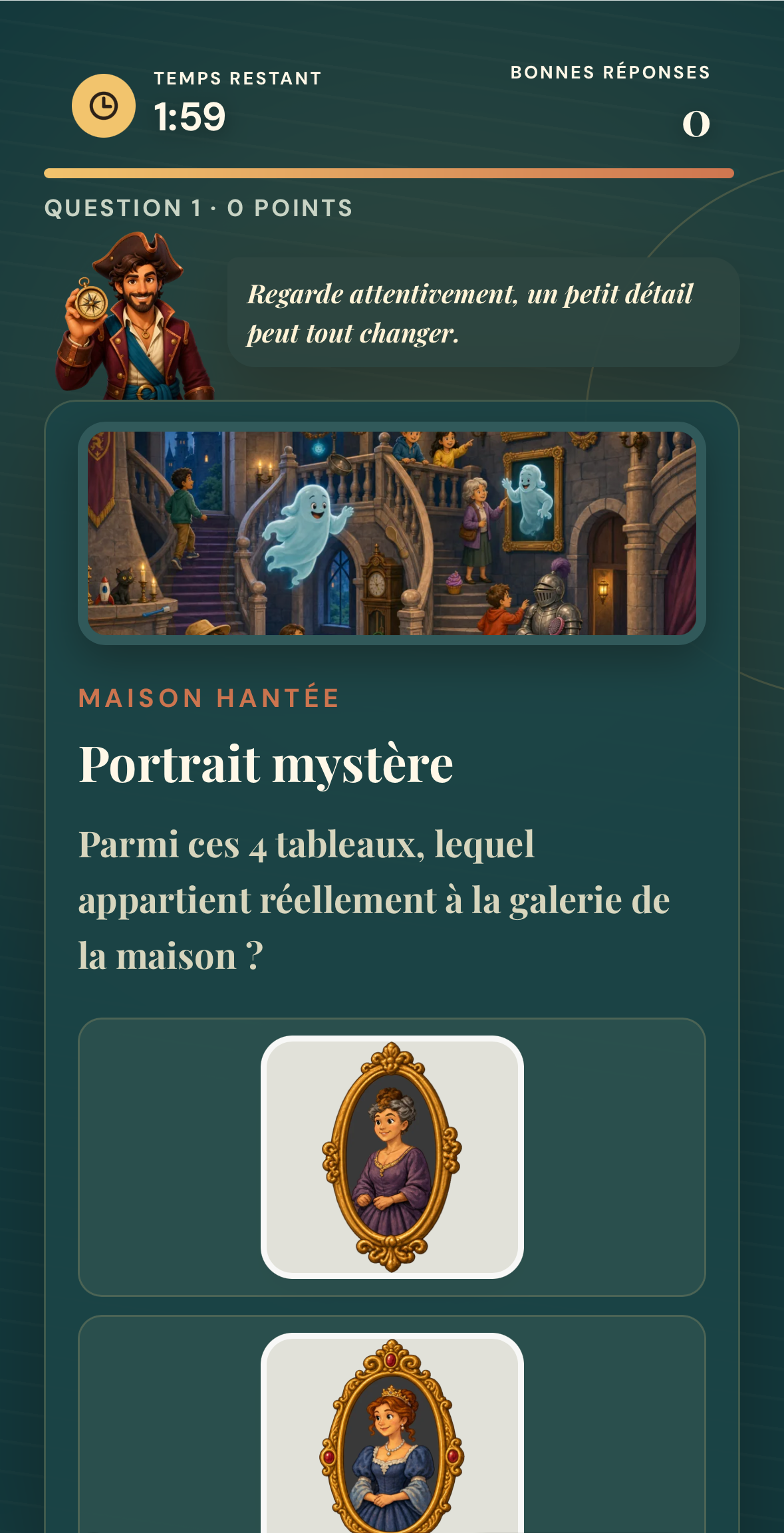 Capture réelle de Focus : choix de portraits illustrés dans la maison hantée