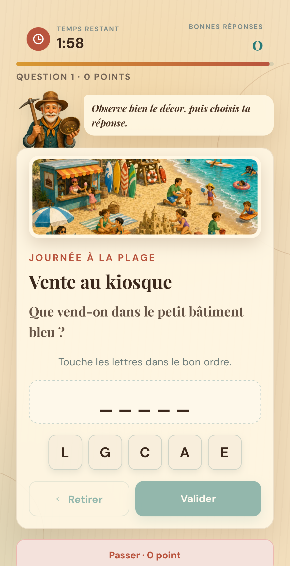 Capture réelle de Focus : lettres à remettre dans l’ordre dans l’univers de la plage