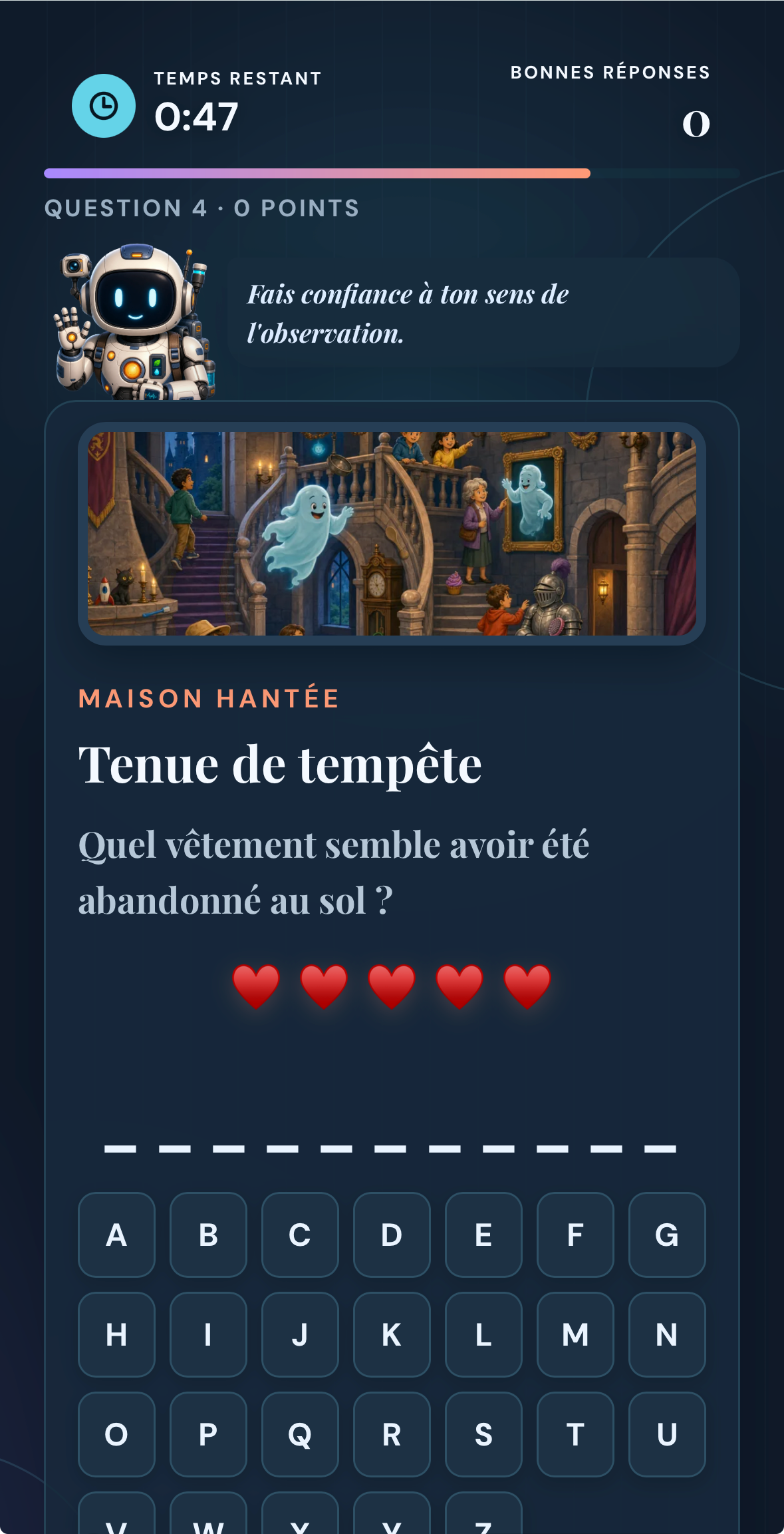 Capture réelle de Focus : question d’observation dans la maison hantée avec un mot à deviner