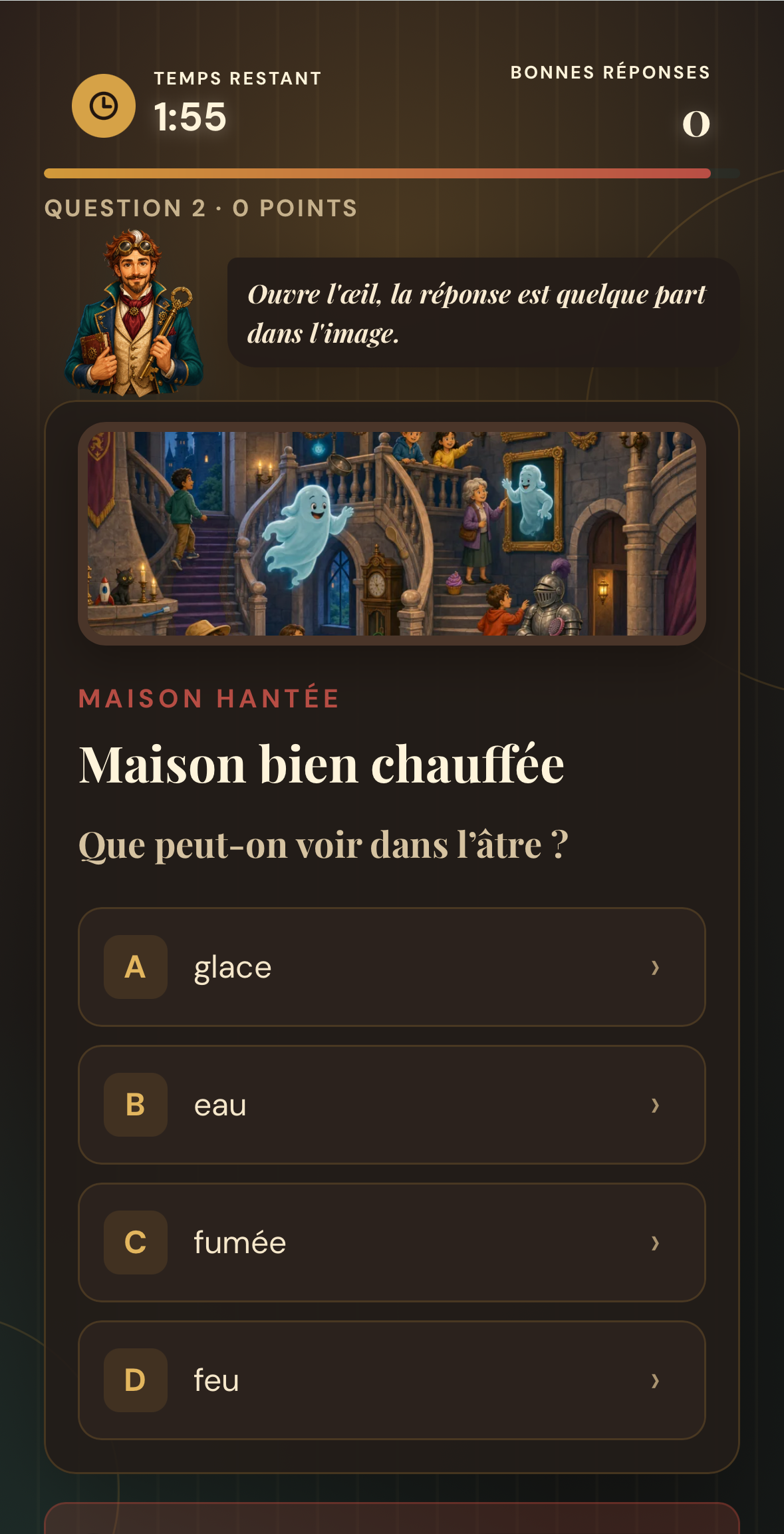 Capture réelle de Focus : question à quatre réponses dans la maison hantée