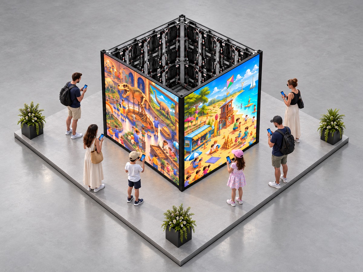 Visualisation isométrique du cube Focus ouvert, avec les modules LED et le câblage visibles depuis le haut