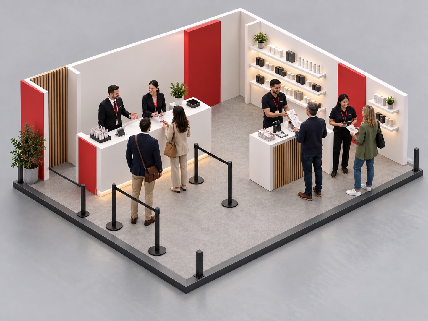 Vue isométrique d’un espace d’accueil et d’un stand promotionnel avec les équipes et les visiteurs
