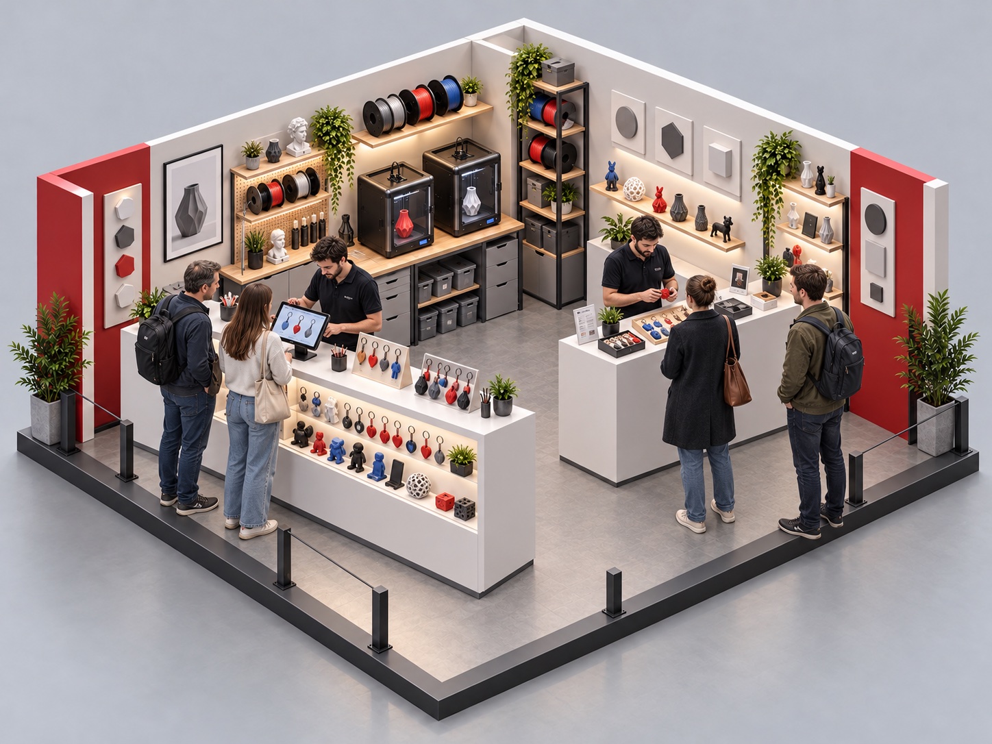 Vue isométrique d’un stand d’impression 3D et de personnalisation avec équipe et visiteurs
