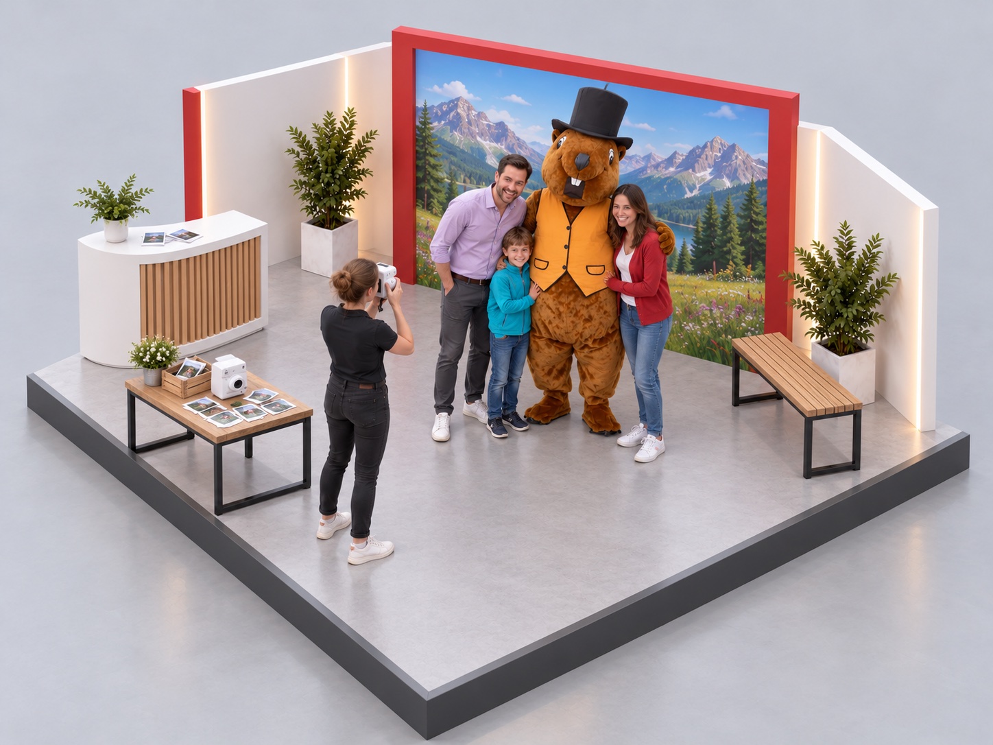 Vue isométrique du stand Mascottes événementielles