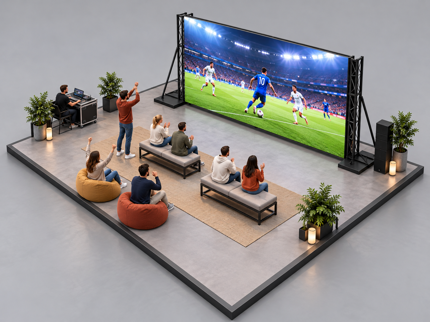 Visualisation isométrique d’un mur LED et de son espace public pour une retransmission sportive