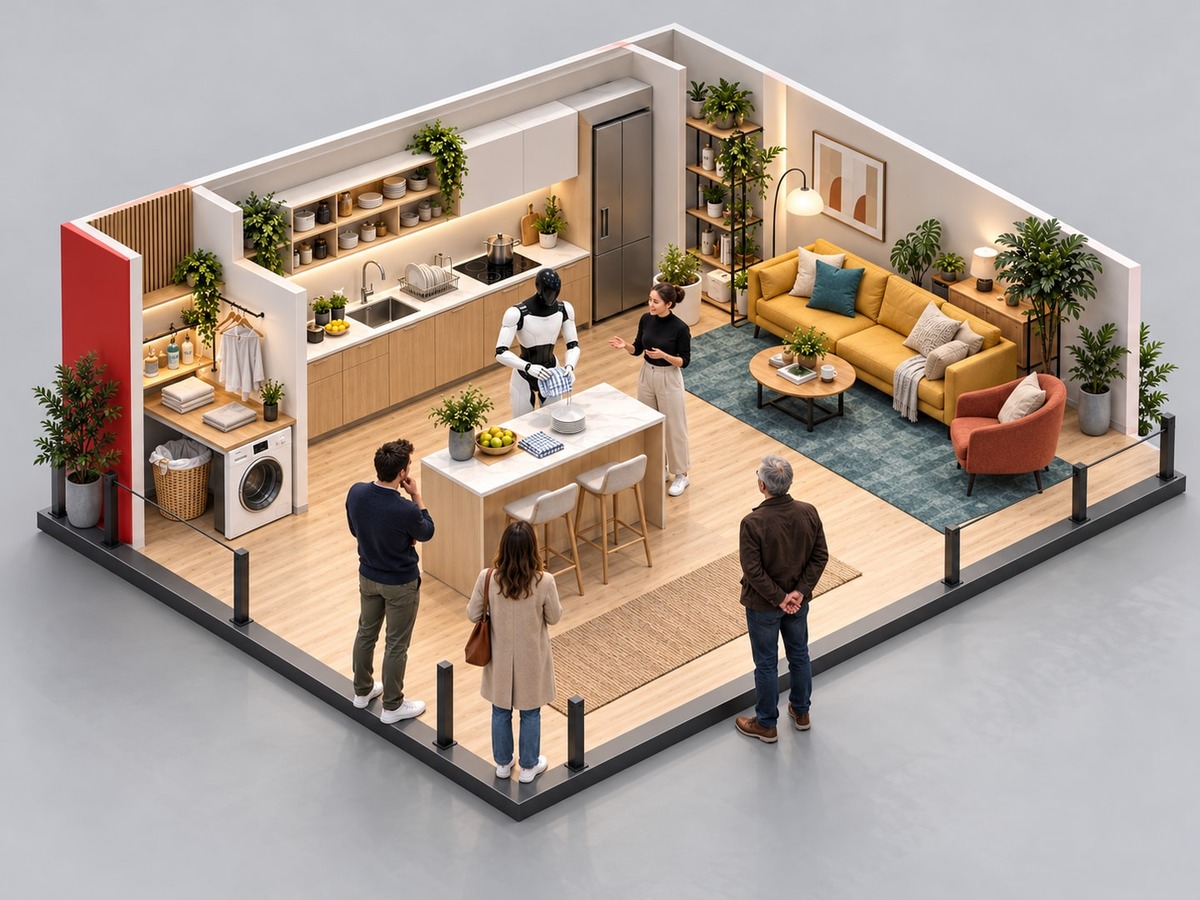 Vue isométrique de concept : implantation complète de la pièce de vie robotique, aucune installation existante.