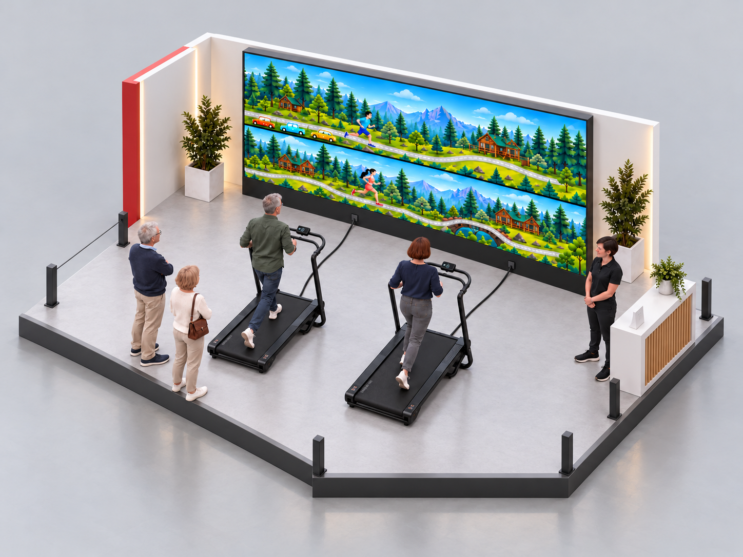 Vue isométrique de deux tapis de course raccordés séparément à un grand mur LED posé au sol