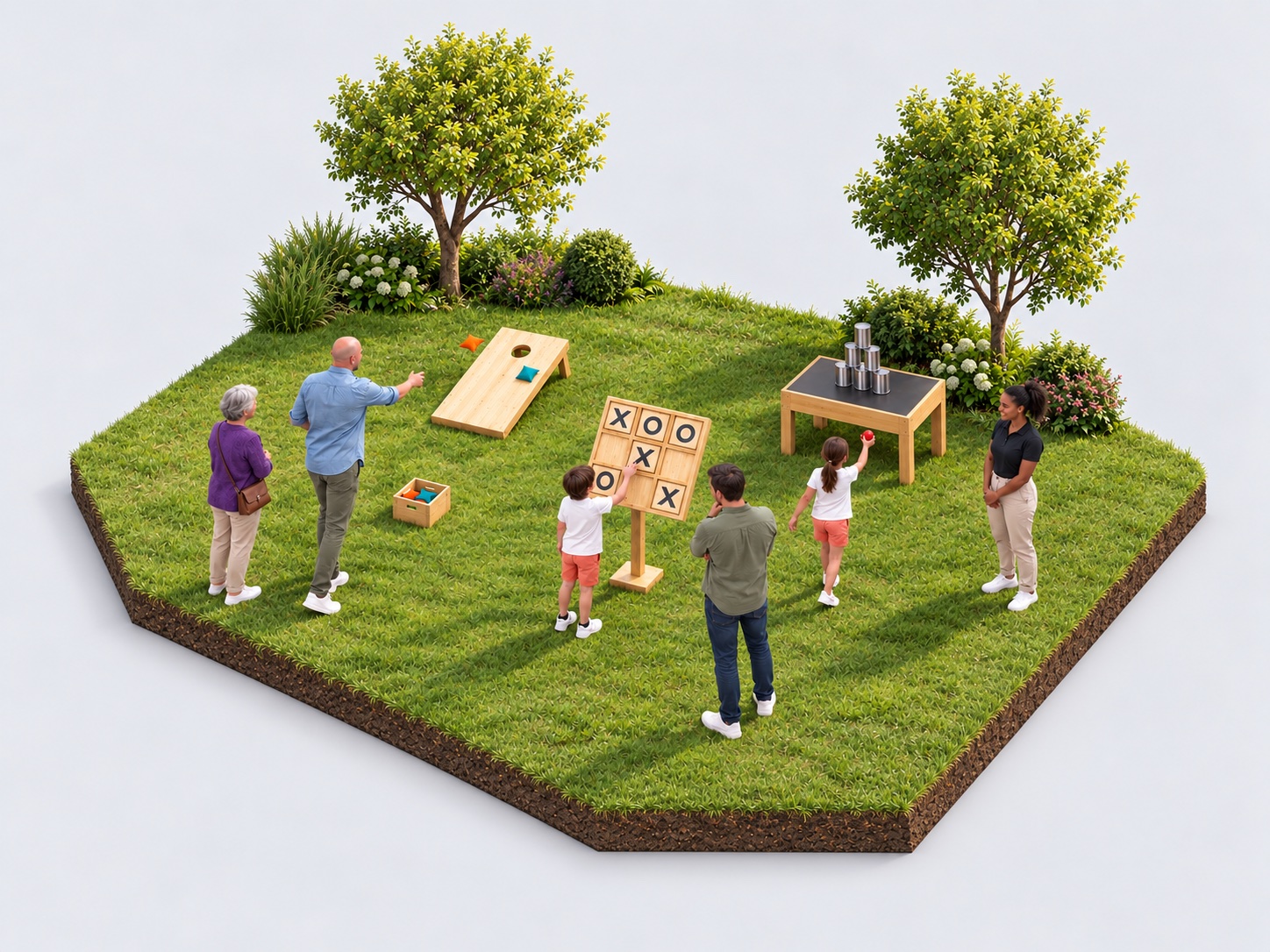 Vue isométrique des jeux traditionnels en plein air sur une pelouse, avec cornhole, morpion et chamboule-tout