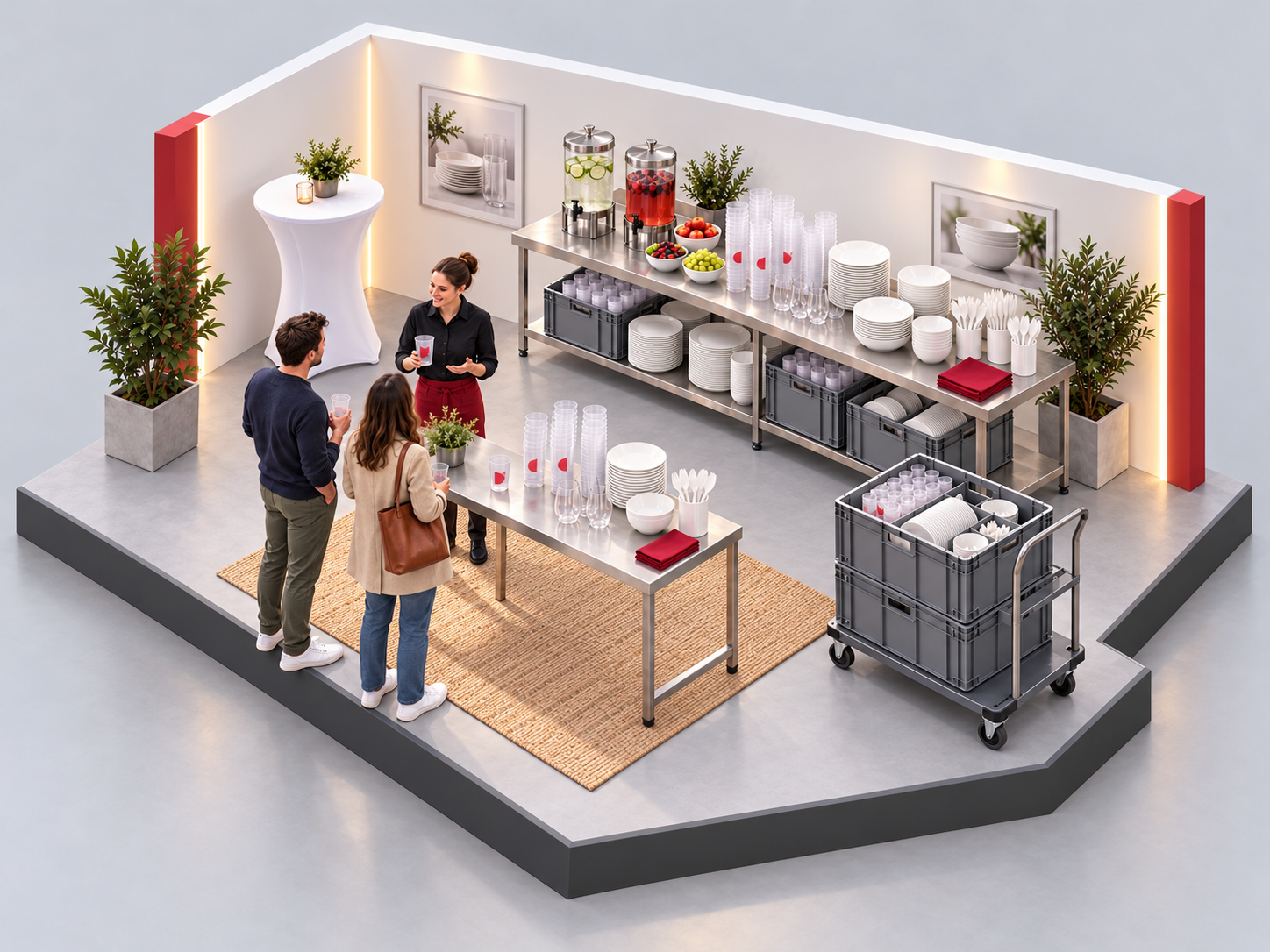 Vue isométrique d’un espace de service avec vaisselle réutilisable, échantillons personnalisés et caisses de rangement