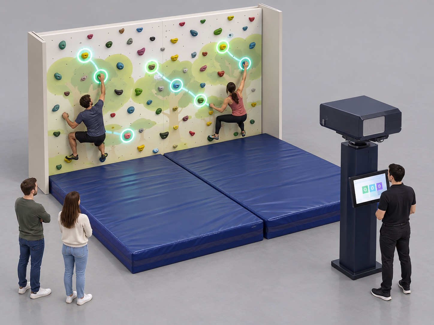 Vue isométrique d’un mur de grimpe interactif avec prises, jeux projetés, tapis de réception et espace d’attente