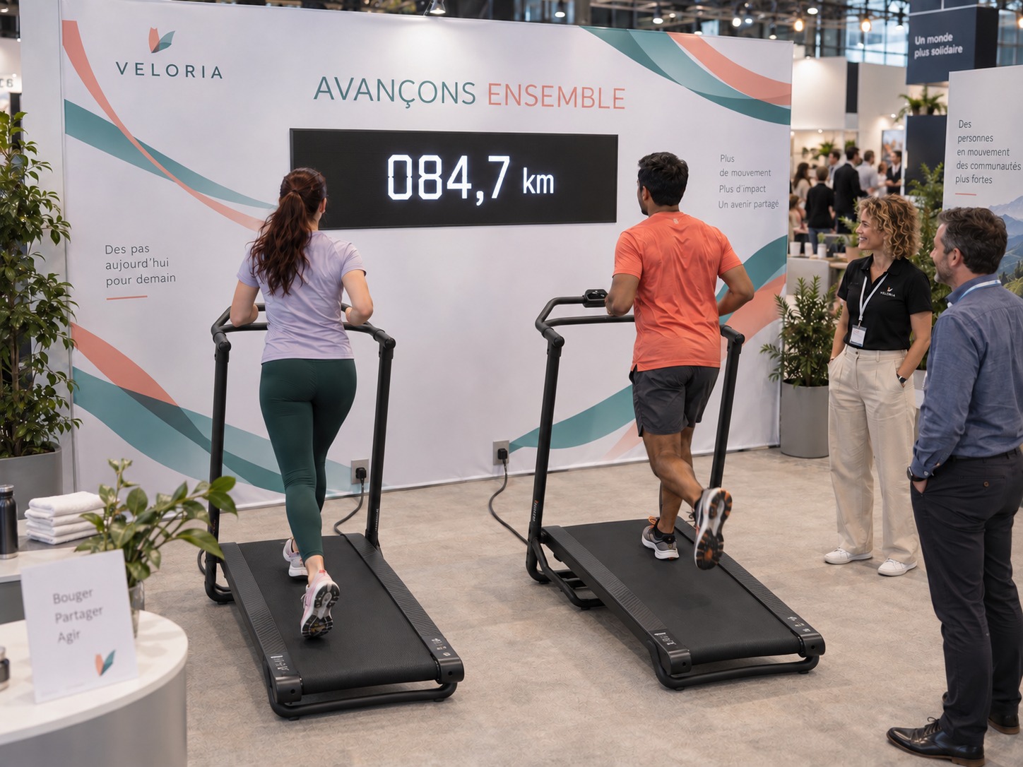 Deux tapis face à un grand décor imprimé avec compteur digital de kilomètres intégré