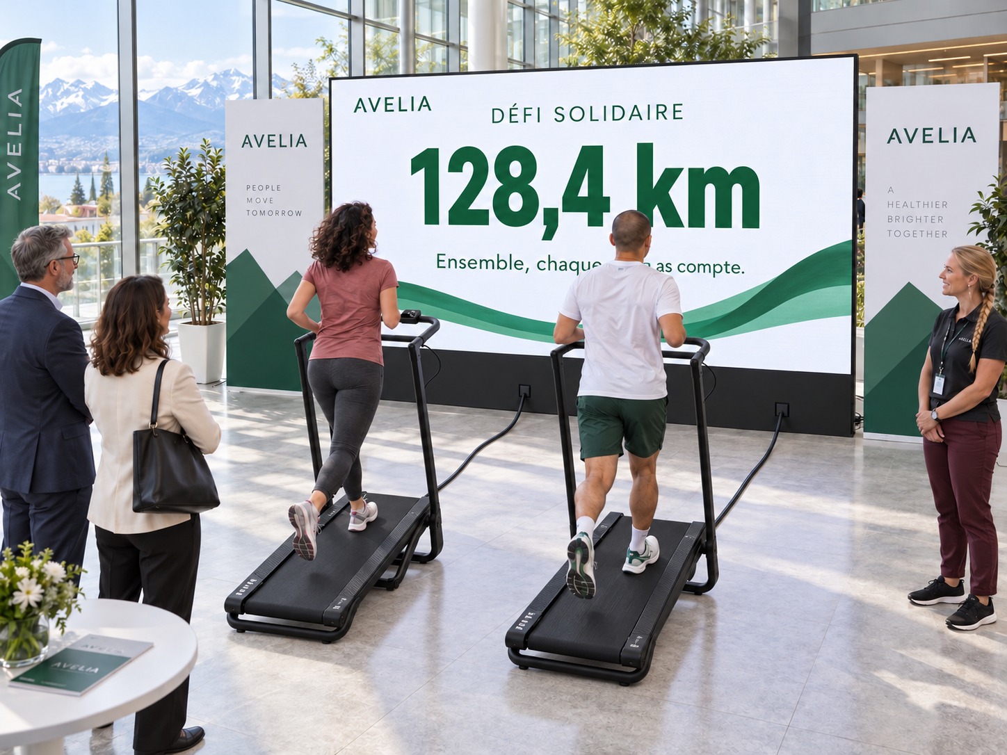Deux participants sur tapis face à un compteur de kilomètres dans un atrium d’entreprise