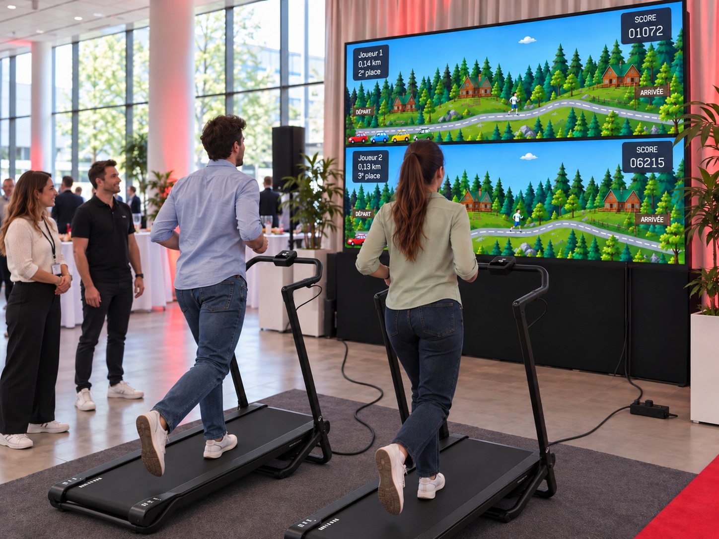 Participants en tenue de ville sur deux tapis de course lors d’un événement d’entreprise