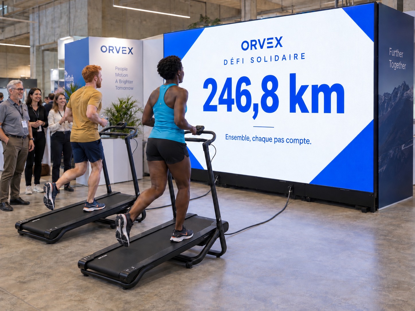 Un relais sur deux tapis de course avec compteur collectif sur mur LED dans un salon