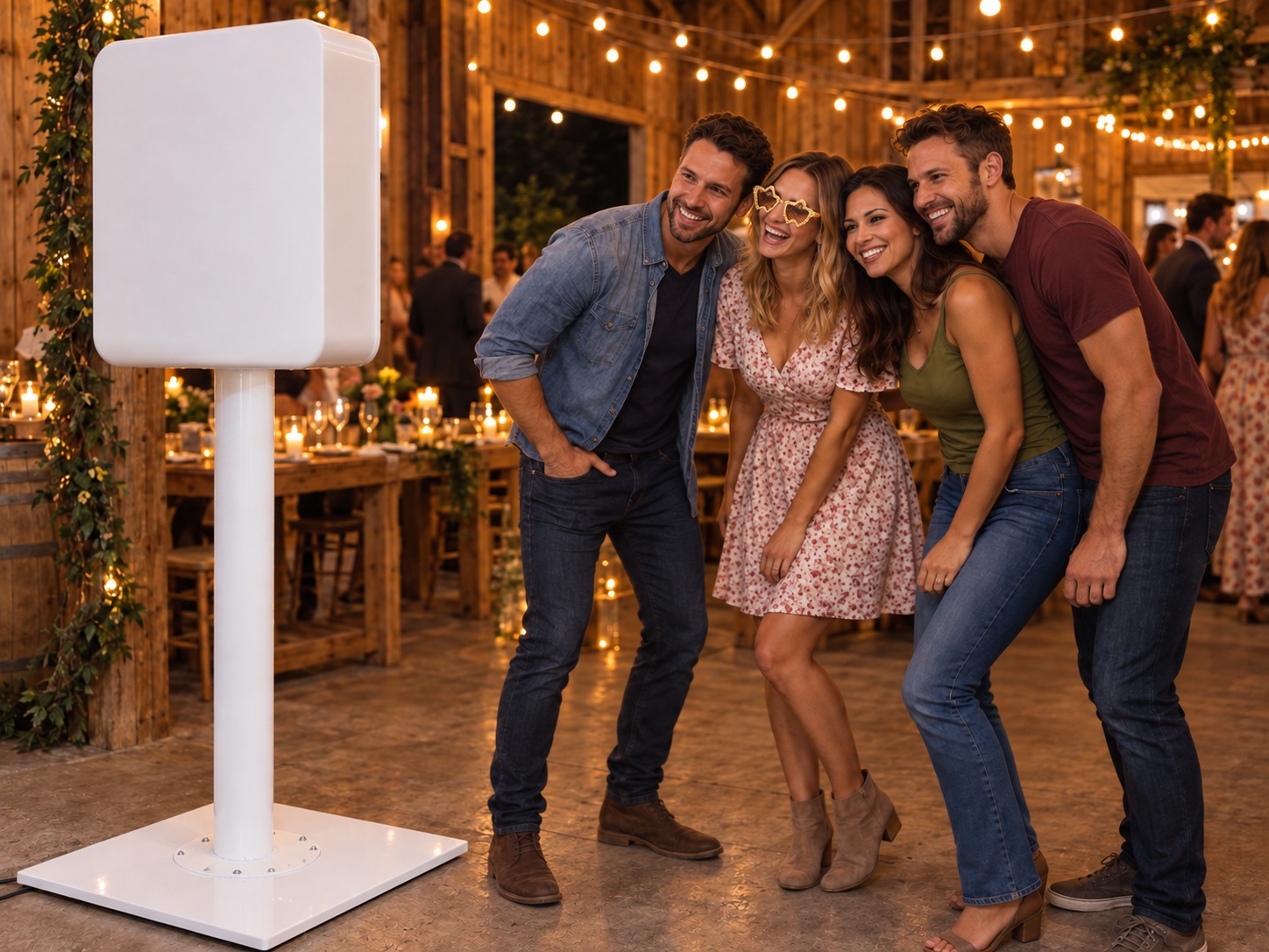 Invités posant face à une borne photo blanche pendant une réception