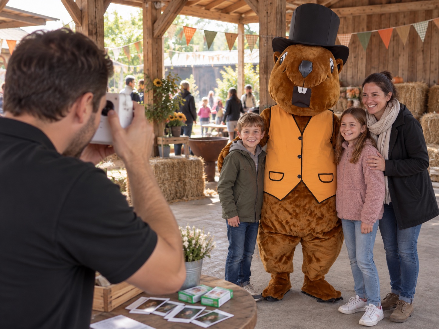 Hôte photographiant des enfants avec une mascotte brune à haut-de-forme et gilet jaune
