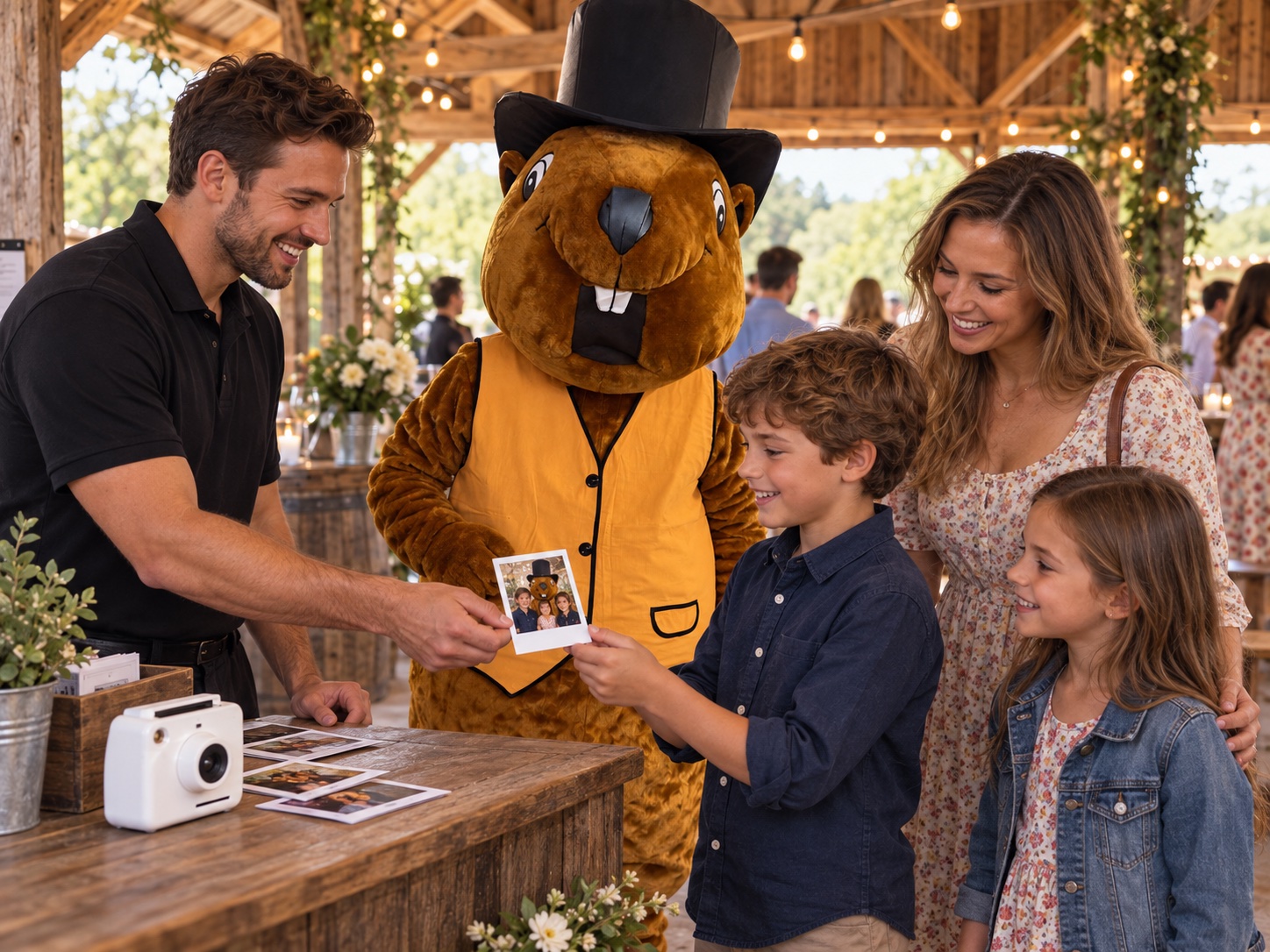 Remise d’une photo instantanée à une famille en présence de la mascotte
