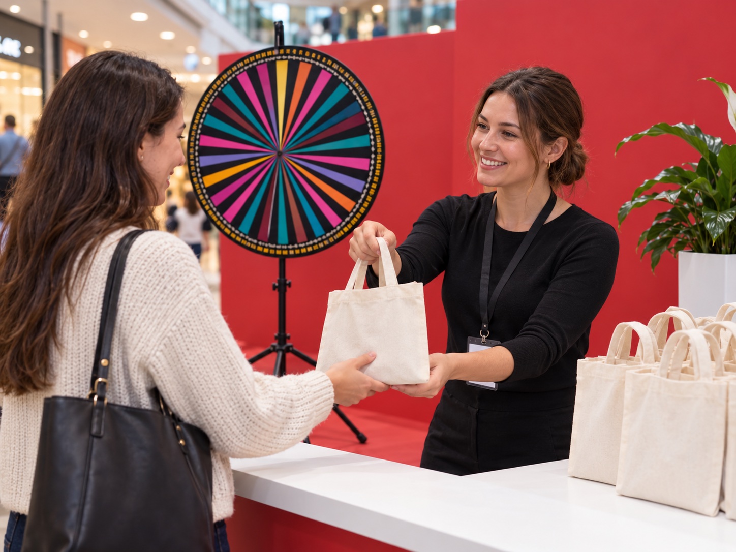 Remise d’un cadeau à une participante près d’une roue de la chance
