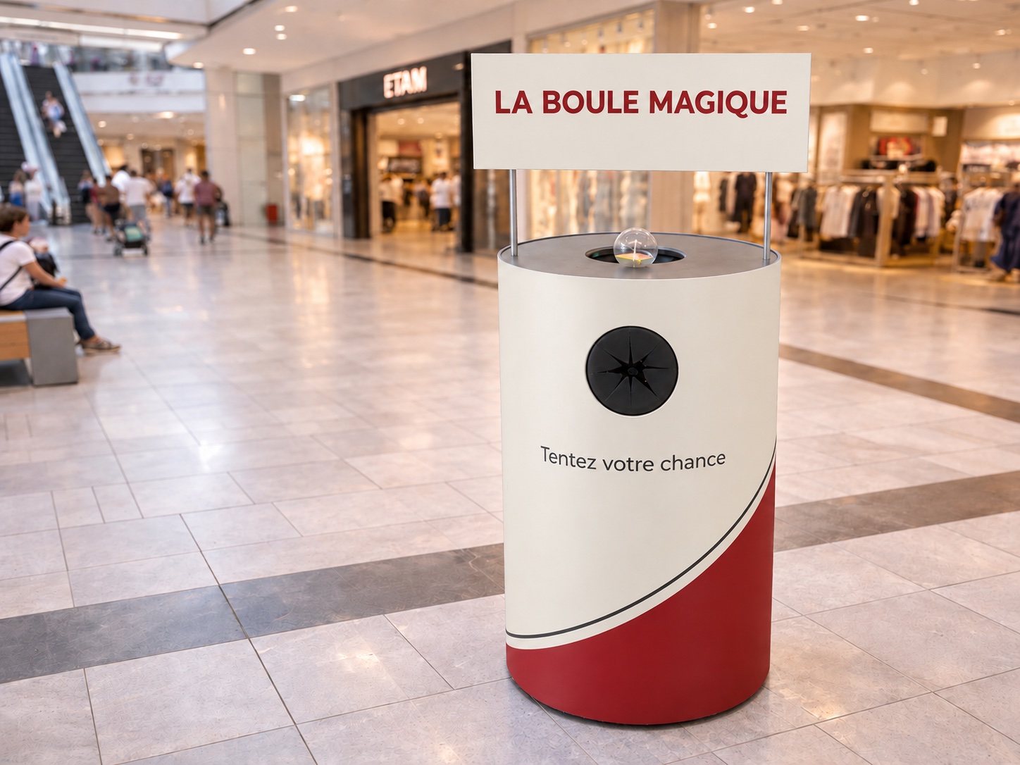Dispositif de pioche à boules dans un centre commercial