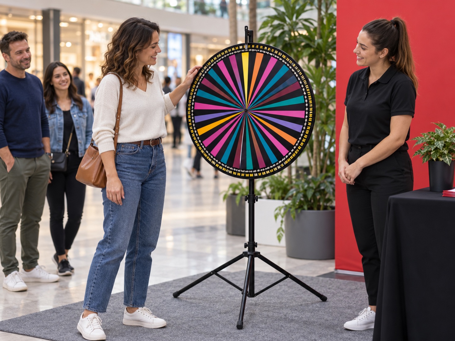 Visiteuse participant à une roue de la chance avec une animatrice