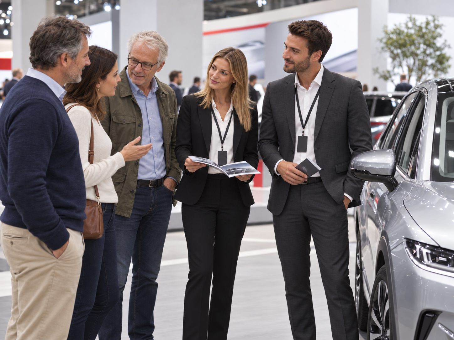 Hôtes et hôtesses en tenue professionnelle accueillant des visiteurs sur un stand automobile