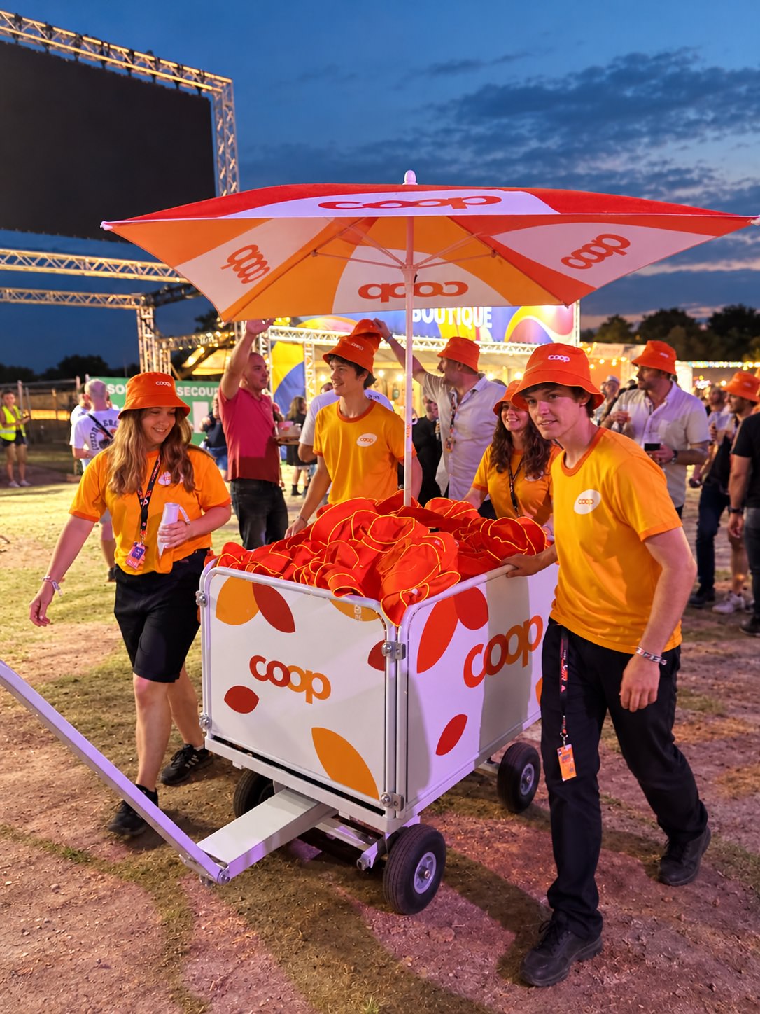Équipe Coop autour d’un chariot de distribution lors d’un événement