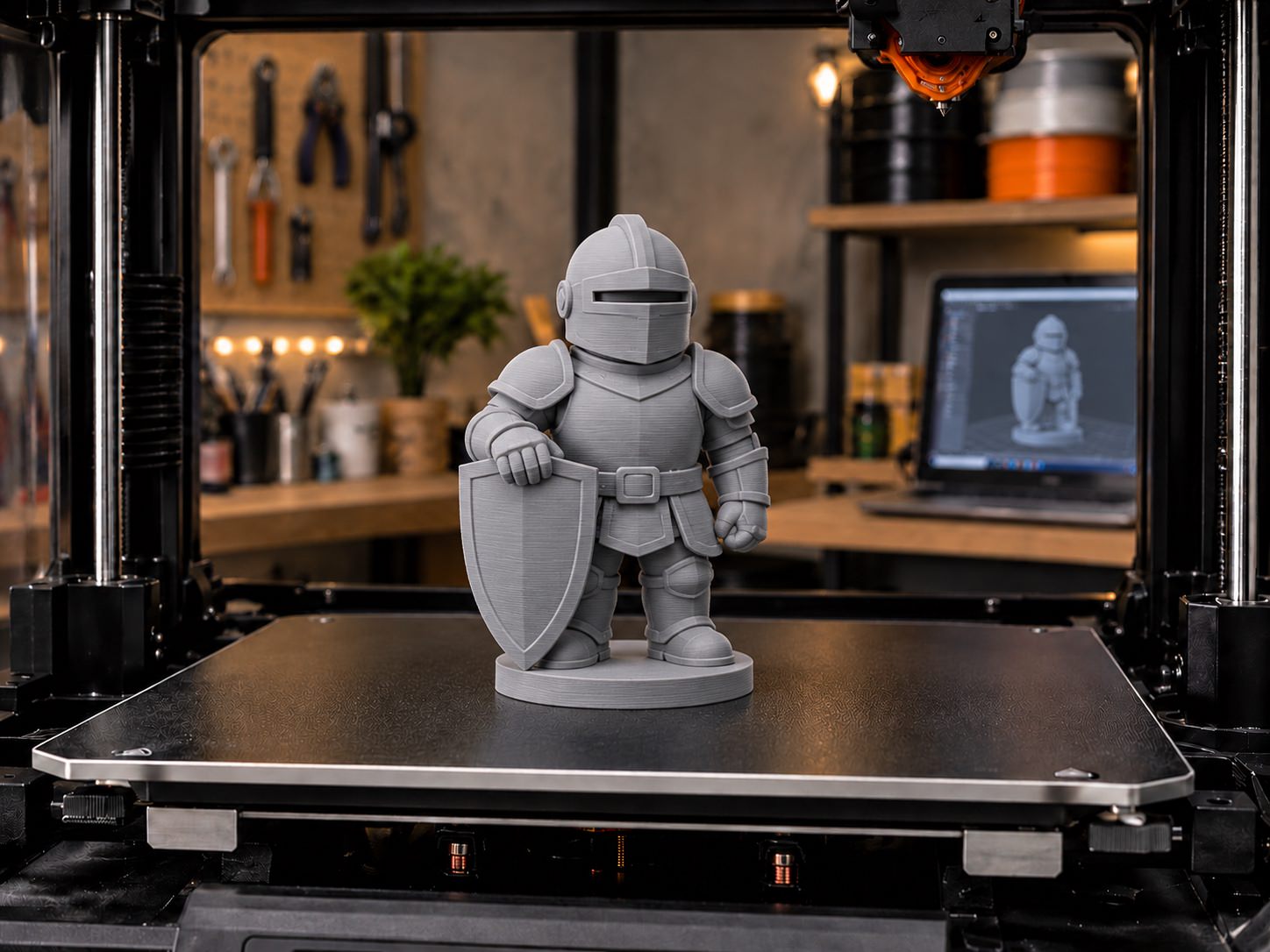 Figurine de chevalier stylisé imprimée en filament sur le plateau d’une imprimante 3D