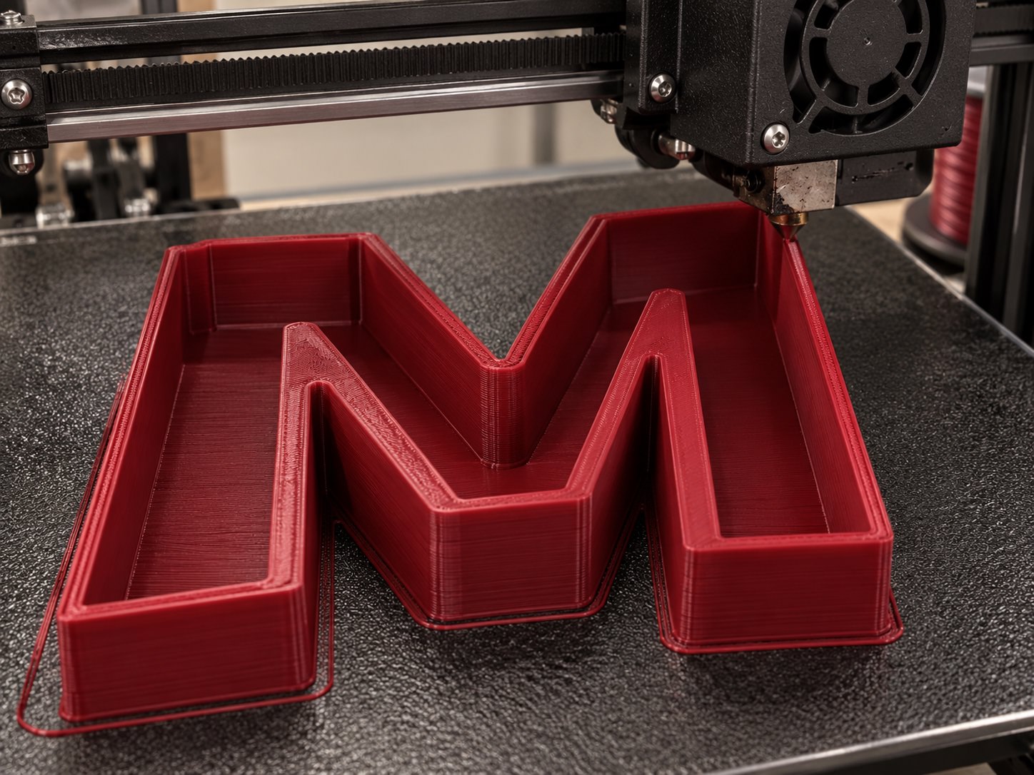Buse d’une imprimante 3D déposant du filament rouge pour fabriquer une lettre M