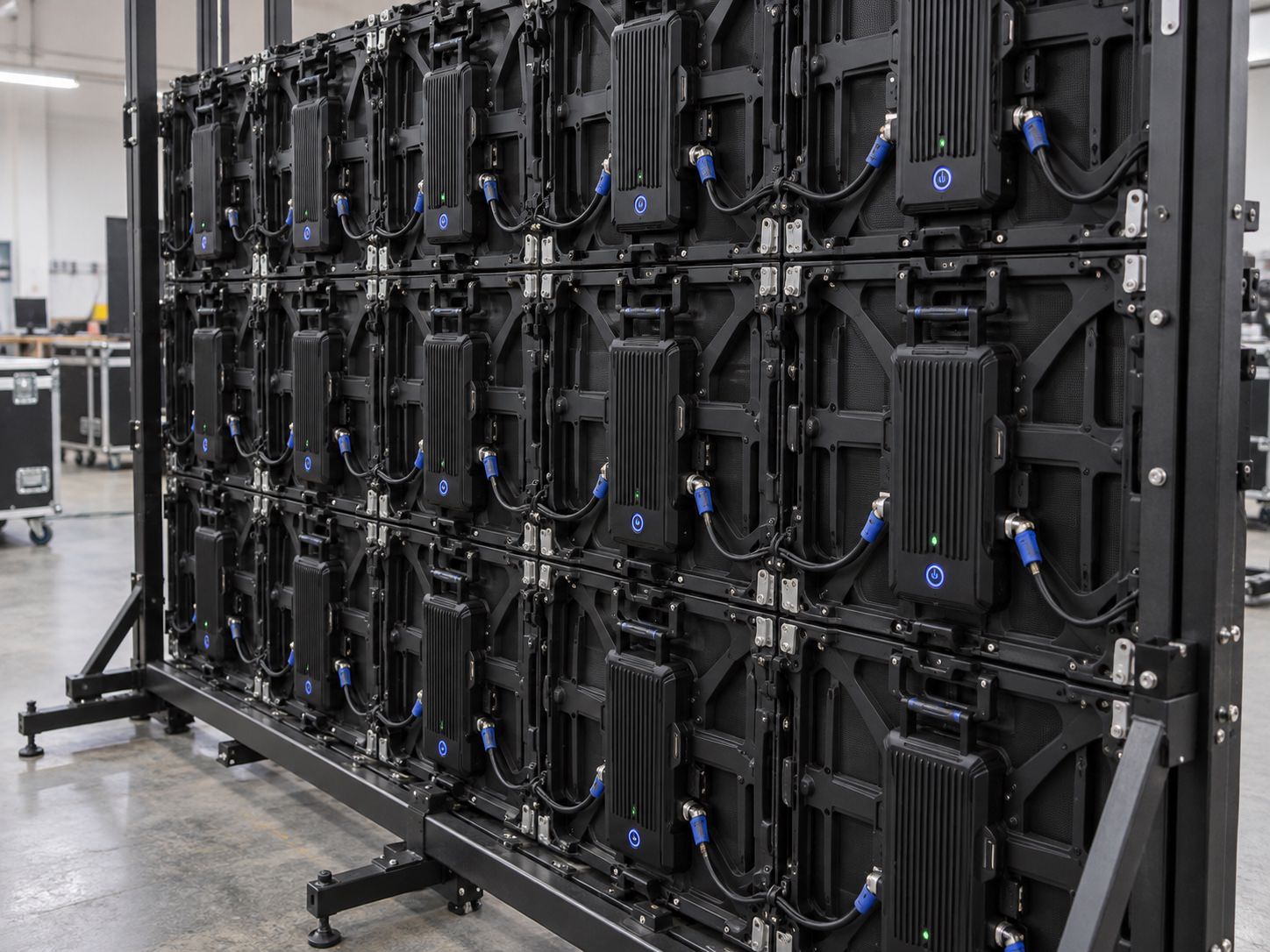 L’arrière d’un mur LED avec les boîtiers, connecteurs et câbles des dalles
