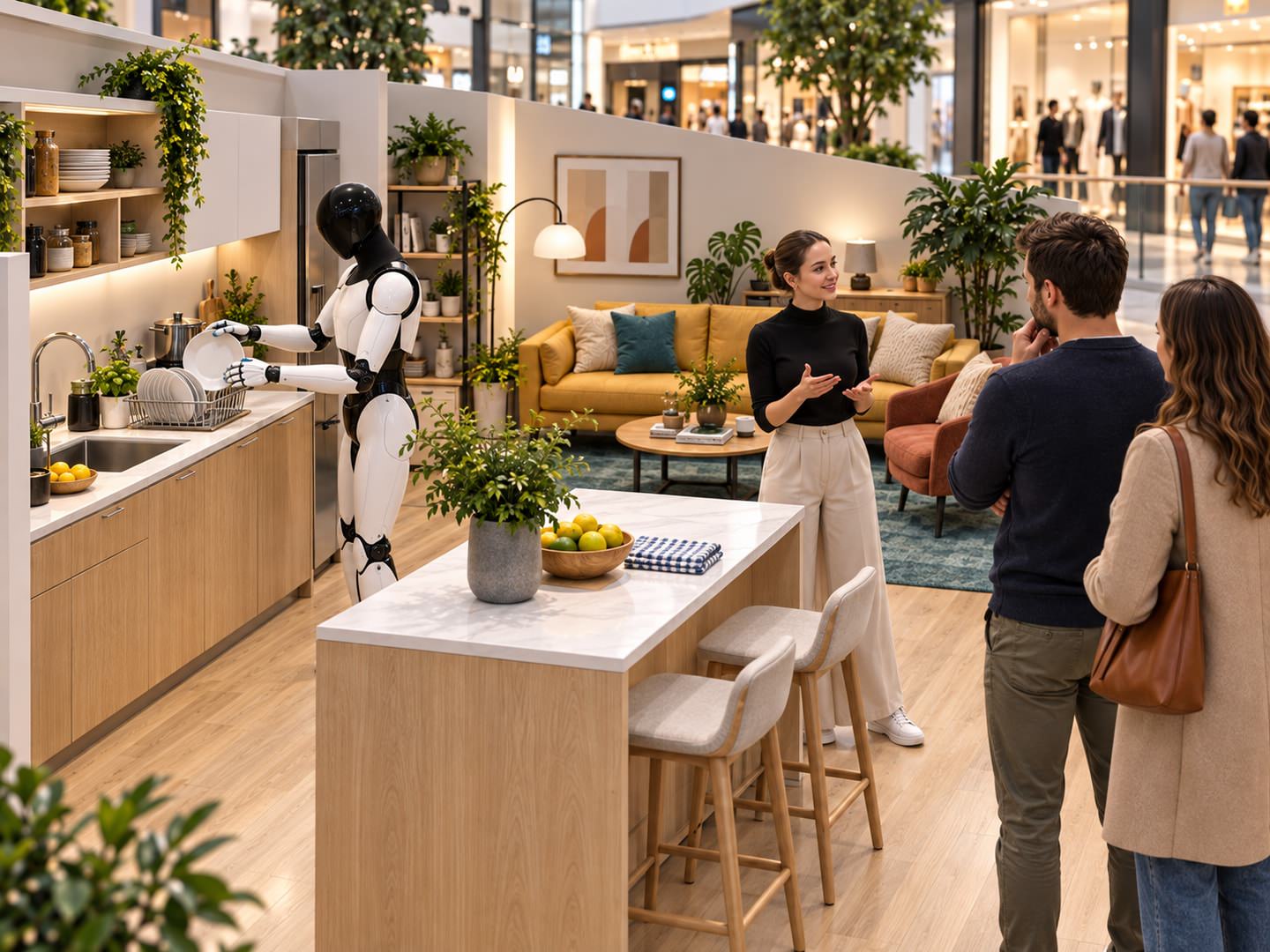 Visuel de concept : robot dans la cuisine du stand et échanges avec les visiteurs.