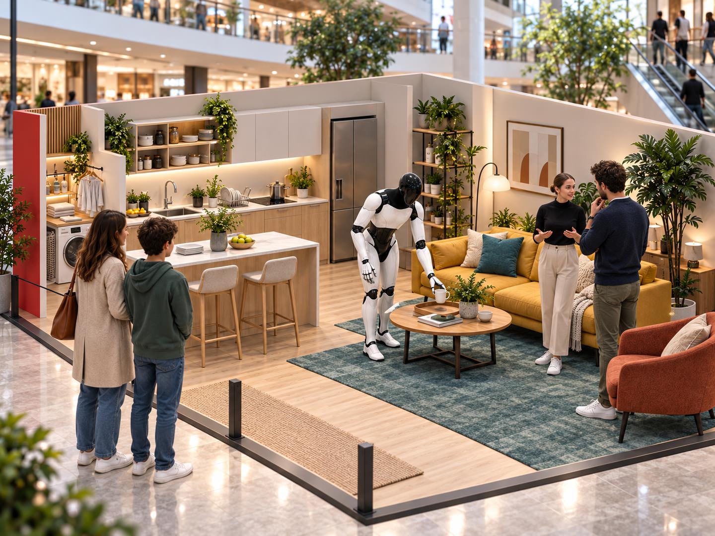 Visuel de concept : robot dans le salon et médiation auprès du public.