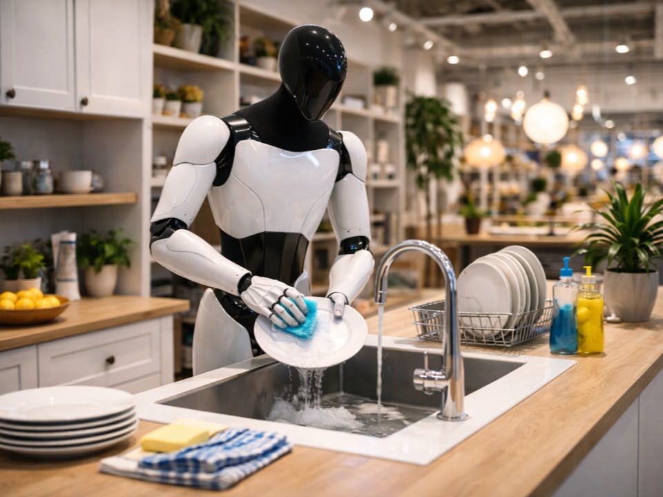 Visuel de concept : robot faisant la vaisselle dans une cuisine, aucune capacité garantie.