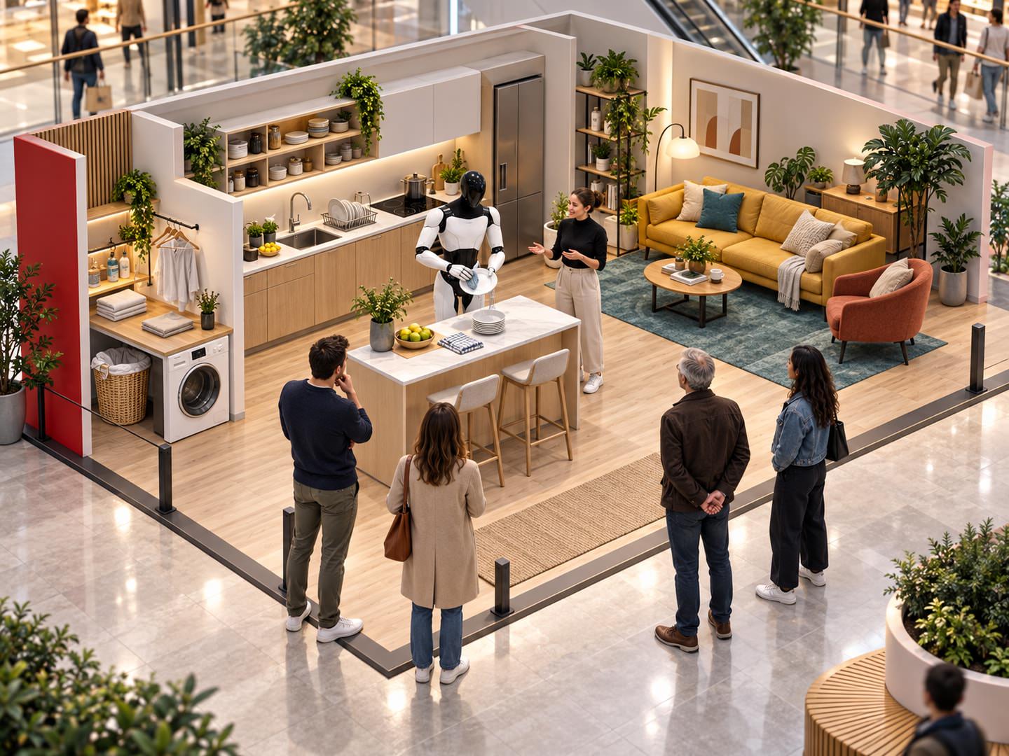 Visuel de concept : vue d’ensemble de l’appartement robotique itinérant dans un centre commercial.