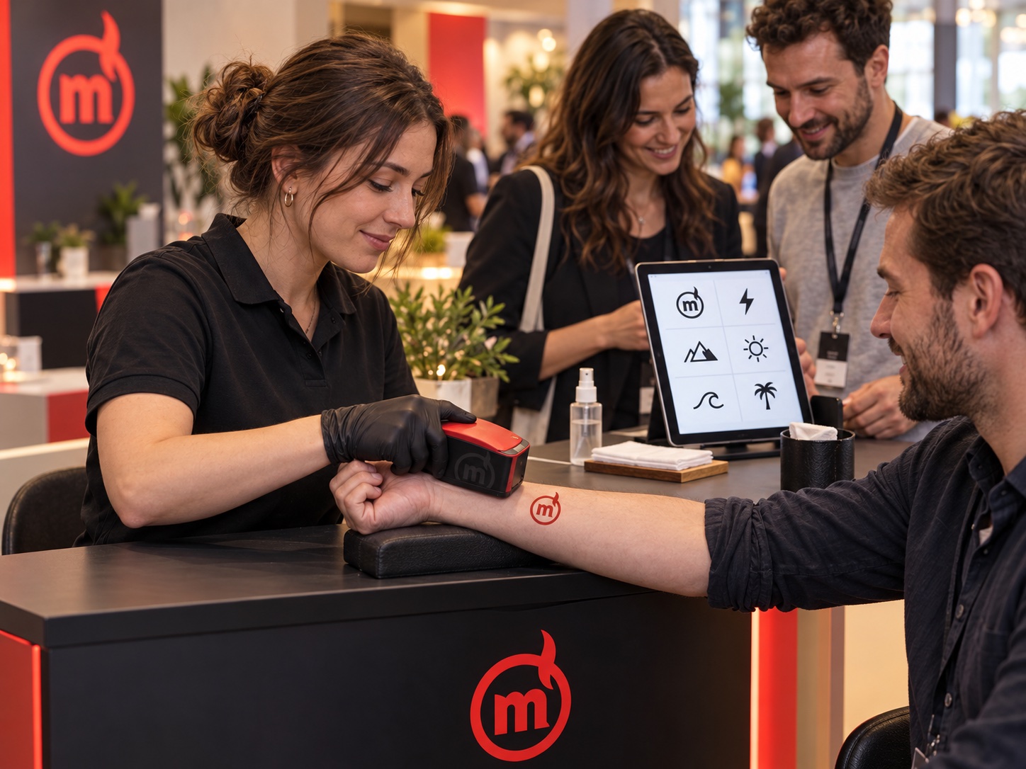 Équipe animant un stand de tatouages éphémères avec une imprimante portable