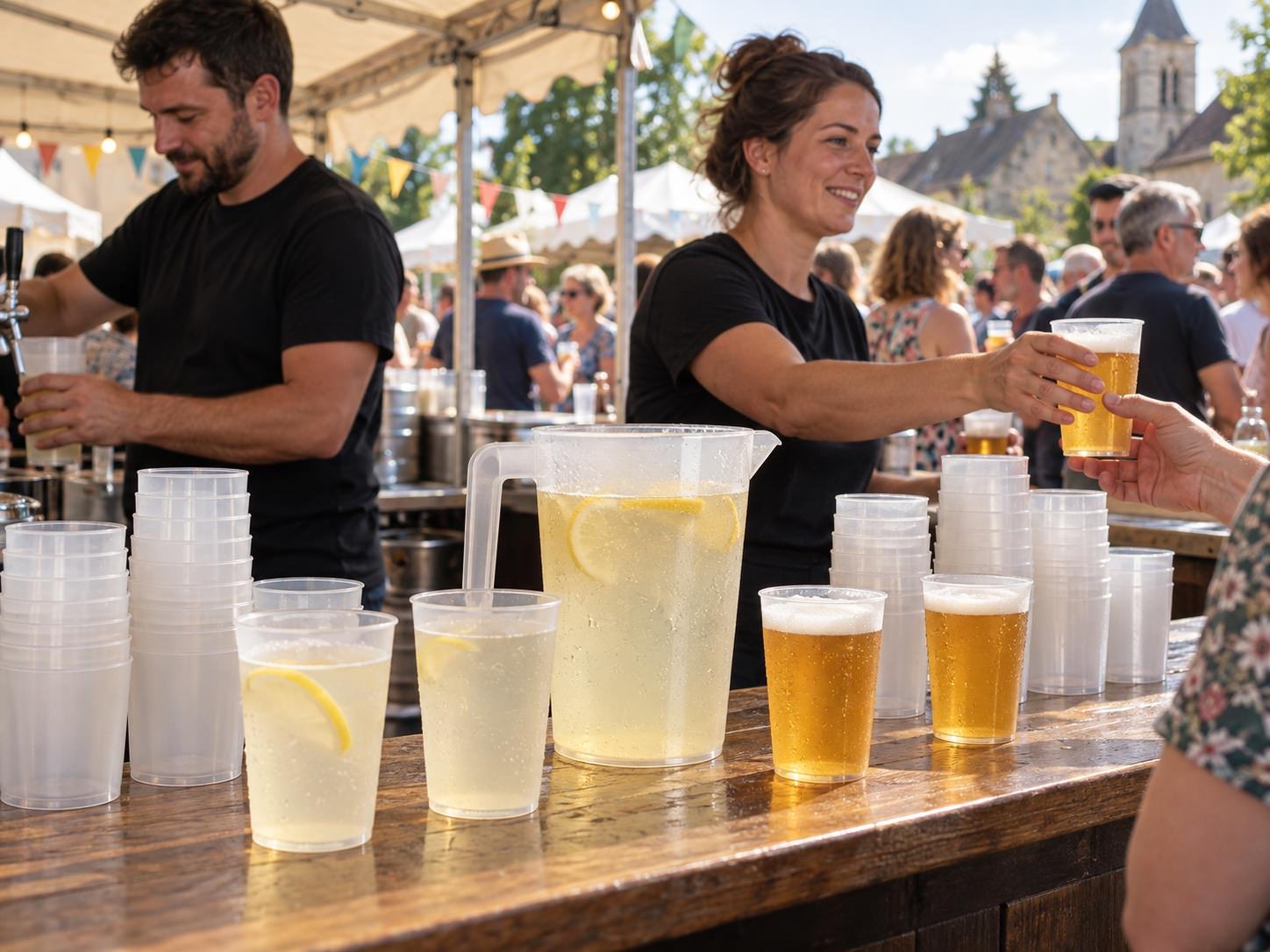 Gobelets et pichet réutilisables au comptoir d’une buvette