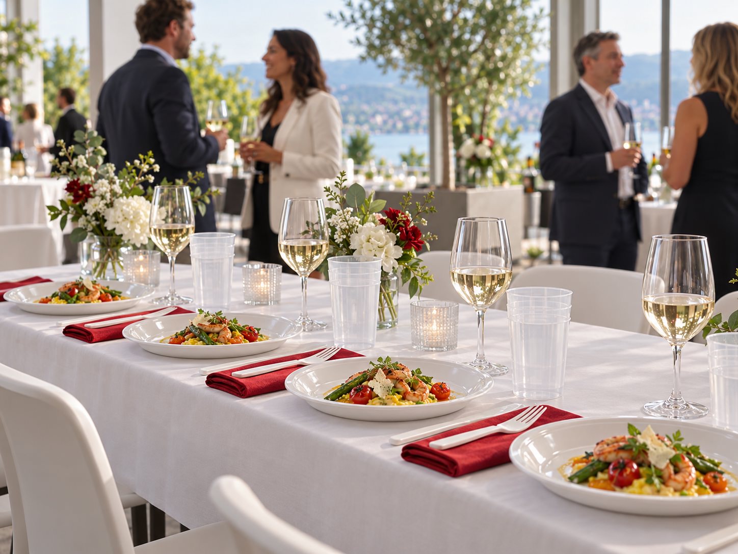 Table de réception avec assiettes, verres et couverts réutilisables
