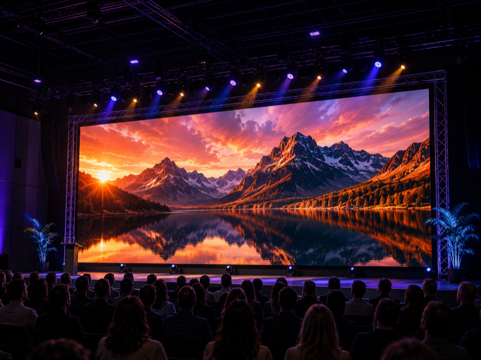 Un écran LED sur scène affiche des montagnes au coucher du soleil devant un public
