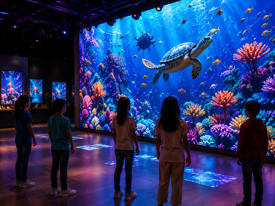 Un mur LED affiche une scène sous-marine avec une tortue devant des visiteurs