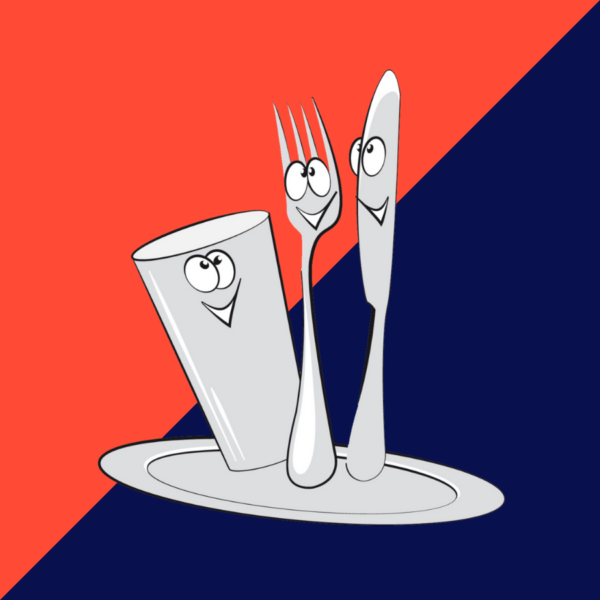 couteau, fourchette, gobelet et assiette animés